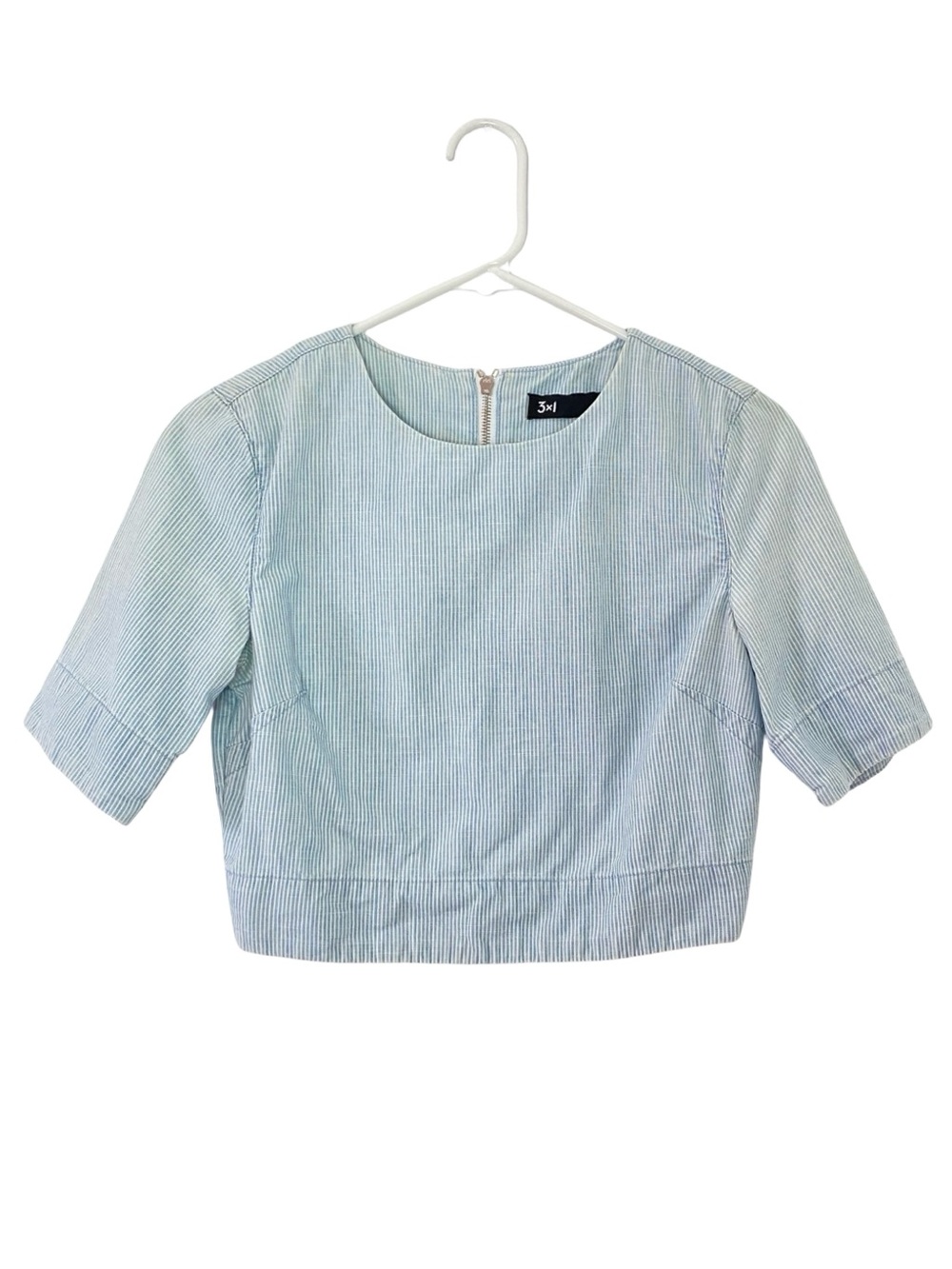 3x1 NYC Crop Top Womens Size Small Blue Striped Zip Back Denim Structured Shirt
